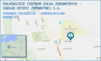 PORADNIA POŁOŻNICZO - GINEKOLOGICZNA - POLKOWICKIE CENTRUM USŁUG ZDROWOTNYCH - ZAKŁAD OPIEKI ZDROWOTNEJ S.A. - UL. ZIELONA 3A,  GRĘBOCICE