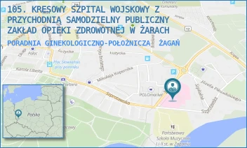 PORADNIA GINEKOLOGICZNO-POŁOŻNICZA - 105. KRESOWY SZPITAL WOJSKOWY Z PRZYCHODNIĄ SAMODZIELNY PUBLICZNY ZAKŁAD OPIEKI ZDROWOTNEJ W ŻARACH - UL. ŻELAZNA 1A,  ŻAGAŃ