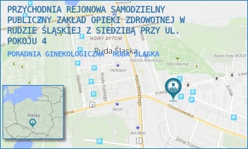 PORADNIA GINEKOLOGICZNA - PRZYCHODNIA REJONOWA SAMODZIELNY PUBLICZNY ZAKŁAD OPIEKI ZDROWOTNEJ W RUDZIE ŚLĄSKIEJ Z SIEDZIBĄ PRZY UL. POKOJU 4 - UL. POKOJU 4,  RUDA ŚLĄSKA