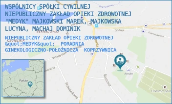 NIEPUBLICZNY ZAKŁAD OPIEKI ZDROWOTNEJ "MEDYK"  PORADNIA GINEKOLOGICZNO-POŁOŻNICZA - WSPÓLNICY SPÓŁKI CYWILNEJ NIEPUBLICZNY ZAKŁAD OPIEKI ZDROWOTNEJ "MEDYK" MAJKOWSKI MAREK, MAJKOWSKA LUCYNA, MACHAJ DOMINIK - SZKOLNA 8,  KOPRZYWNICA