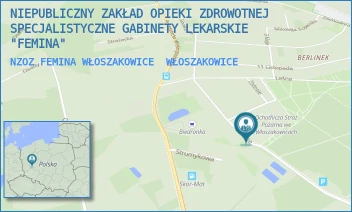 NZOZ FEMINA WŁOSZAKOWICE - NIEPUBLICZNY ZAKŁAD OPIEKI ZDROWOTNEJ SPECJALISTYCZNE GABINETY LEKARSKIE "FEMINA" - ZALESIE 9B,  WŁOSZAKOWICE